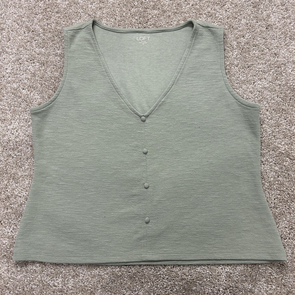 LOFT Sweater Vest Womens XL Green V Neck Button Front Tight-Knit Top Lightweight